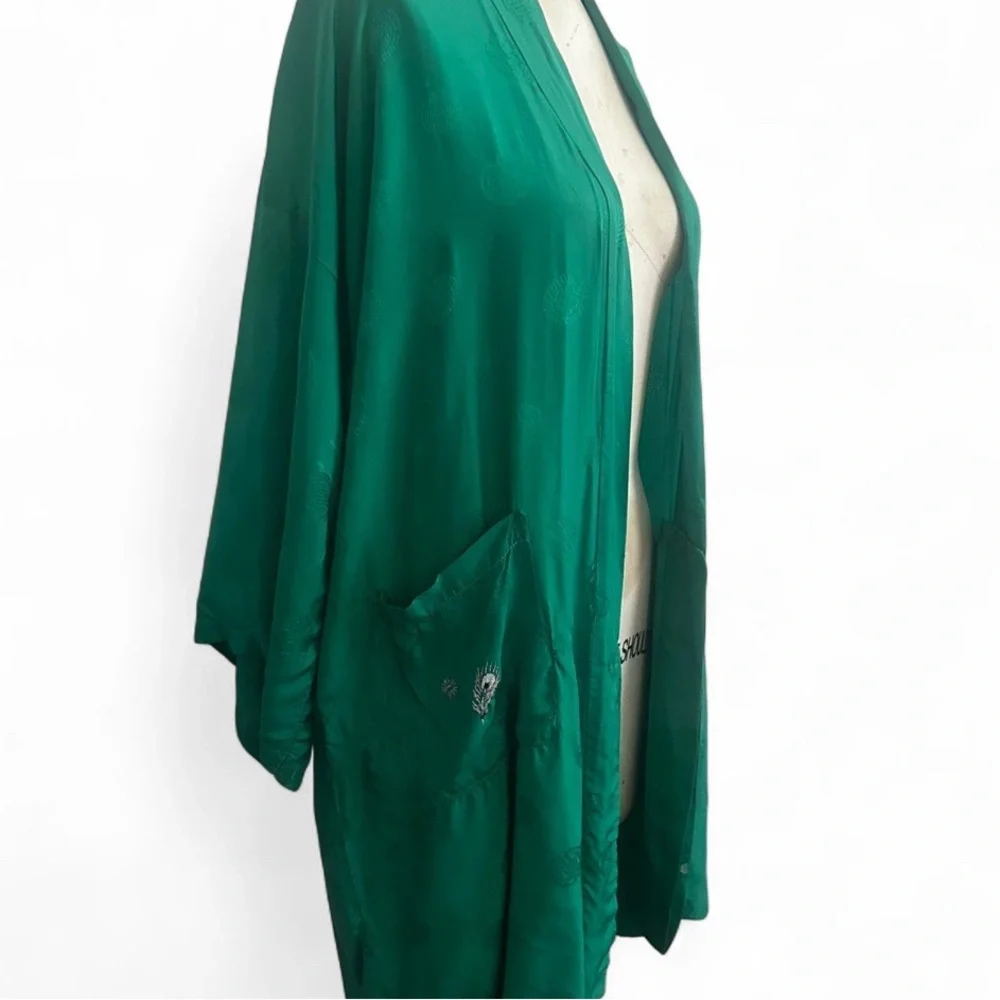 Golden Bee Green traditional vintage Chinese Kimono with Peacock Embroidery sz M - Picture 8 of 15